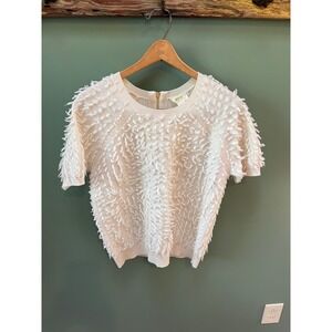 Maeve‎ Anthropologie Sweater Top Medium Cream Fringe Textured Knit Short Sleeve